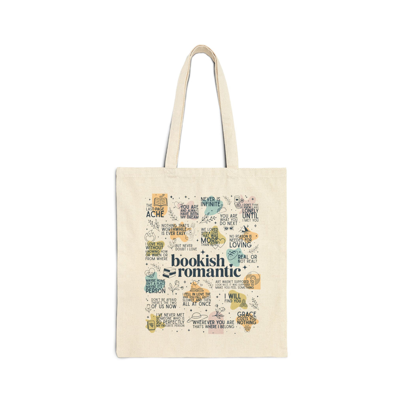 Canvas tote bag with "bookish romantic" text in the center, surrounded by colorful, whimsical quotes about love and books.