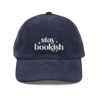 Stay Bookish Embroidered Corduroy Cap - Hats - Navy Blue - After Word