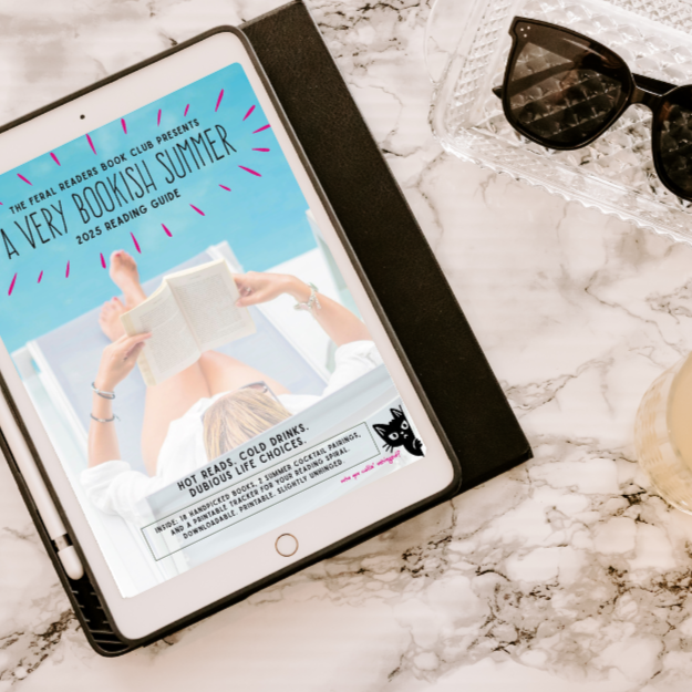 Tablet displaying a book club flyer on a marble surface with sunglasses and a glass of lemonade.